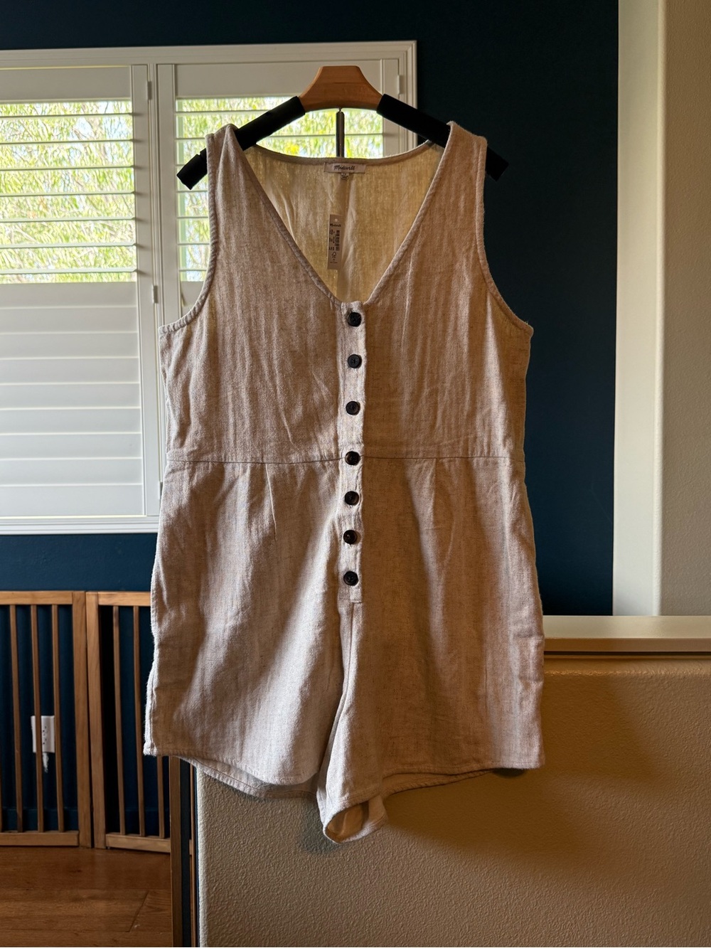 Madewell Beige Linen Blend Button-Front Romper